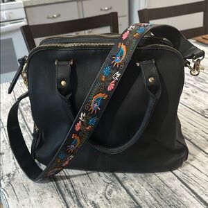 Embroidered Black vegan Leather Bag